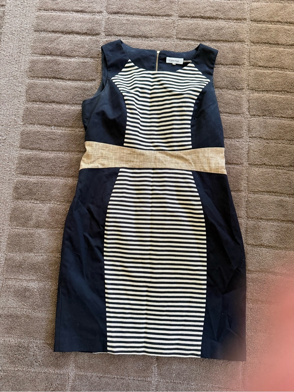 Calvin Klein Black and White Striped Midi Sheath Dress with Beige Waistband
